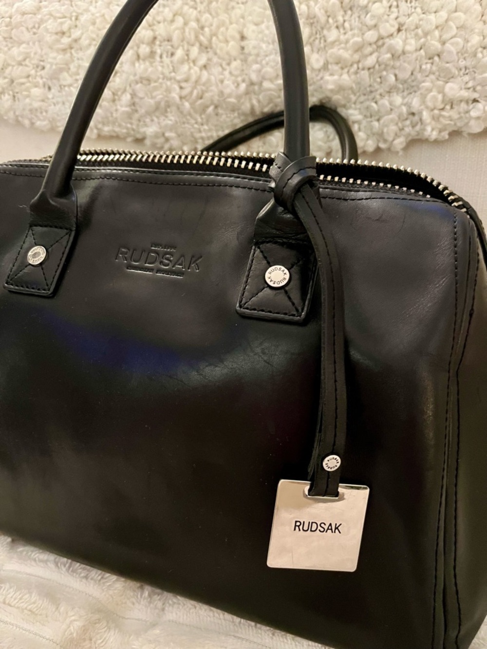 RUDSAK Black Leather Top-Handle Bag with Silver Hardware